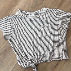 OLIVACEOUS STRIPED TIE FRONT POCKET TSHIRT